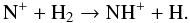 Mathematical equation: \begin{equation} \rm{N^+ + H_2 \rightarrow NH^+ + H}. \label{r:nhp} \end{equation}