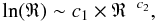 Mathematical equation: \begin{equation} \ln(\mathfrak{R})\sim c_1 \times \mathfrak{R}^{~~c_2}, \label{equation:ln-algebra} \end{equation}