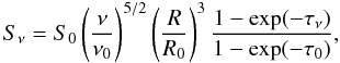Mathematical equation: \begin{equation} S_\nu = S_0 \left(\frac{\nu}{\nu_0}\right)^{5/2} \left(\frac{R}{R_0}\right)^3 \frac{1-\exp(-\tau_\nu)}{1-\exp(-\tau_0)} , \label{eq:Snu} \end{equation}