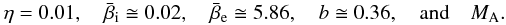 Mathematical equation: \begin{eqnarray*} \eta = 0.01, \quad \bar{\beta}_{\rm i} \cong 0.02, \quad \bar{\beta}_{\rm e} \cong 5.86, \quad b \cong 0.36, \quad \mbox{and} \quad M_{\rm A}. \end{eqnarray*}