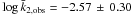 Mathematical equation: \hbox{$\log \bar k_{2,\rm obs} = -2.57 \,\pm\, 0.30$}