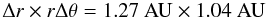 Mathematical equation: \begin{equation} \Delta r \times r\Delta{\theta} = 1.27 \mbox{ AU} \times 1.04 \mbox{ AU} \end{equation}