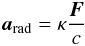 Mathematical equation: \begin{equation} \label{eq:Mihalas} \vec{a}_\mathrm{rad} = \kappa \frac{\vec{F}}{c} \end{equation}