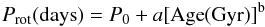 Mathematical equation: \begin{equation} \label{eqrotage} P_{\rm rot}({\rm days})=P_{0}+a [{\rm Age} ({\rm Gyr})]^{\rm b} \end{equation}