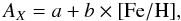 Mathematical equation: \begin{equation} A_X = a + b \times \rm [Fe/H], \label{fe-amp} \end{equation}