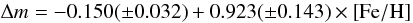 Mathematical equation: \begin{equation} \Delta m = -0.150 (\pm 0.032) + 0.923 (\pm 0.143) \times \rm [Fe/H] \label{deltam-slope} \end{equation}