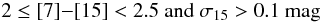 Mathematical equation: $$ 2 \leq [7] {-} [15] < 2.5 \ \textnormal{and} \ \sigma_{15} > 0.1~\textnormal{mag} $$
