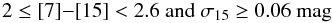 Mathematical equation: $$ 2 \leq [7] {-} [15] < 2.6 \ \textnormal{and} \ \sigma_{15} \geq 0.06~\textnormal{mag} $$