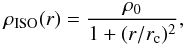 Mathematical equation: \begin{equation} \label{eq:ISO} \rho_{\rm{ISO}}(r) = \frac{\rho_{\rm{0}}}{1 + (r/r_{\rm{c}})^{2}} , \end{equation}