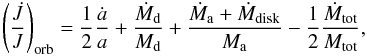 Mathematical equation: \begin{equation} \label{orbangdiff2} \left( \frac{\dot{J}}{J} \right)_\mathrm{orb} = \frac{1}{2}\frac{\dot{a}}{a} + \frac{\dot{M}_\mathrm{d}}{M_\mathrm{d}} + \frac{\dot{M}_\mathrm{a}+\dot{M}_\mathrm{disk}}{M_\mathrm{a}} - \frac{1}{2}\frac{\dot{M}_\mathrm{tot}}{M_\mathrm{tot}}, \end{equation}