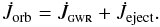 Mathematical equation: \begin{equation} \label{j_balance2} \dot{J}_\mathrm{orb} = \dot{J}_\mathrm{\textsc{gwr}} + \dot{J}_\mathrm{eject}. \end{equation}