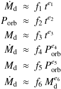 Mathematical equation: \appendix \setcounter{section}{1} \begin{eqnarray} \label{eqpara} \dot{M}_\mathrm{d} &\approx& f_{1} \, t^{e_{1}} \nonumber\\ P_\mathrm{orb} &\approx& f_{2} \, t^{e_{2}} \nonumber \\ M_\mathrm{d} &\approx& f_{3} \, t^{e_{3}} \nonumber \\ \dot{M}_\mathrm{d} &\approx& f_{4} \, P_\mathrm{orb}^{e_{4}} \nonumber \\ M_\mathrm{d} &\approx& f_{5} \, P_\mathrm{orb}^{e_{5}} \nonumber \\ \dot{M}_\mathrm{d} &\approx& f_{6} \, M_\mathrm{d}^{e_{6}} \end{eqnarray}