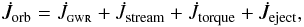 Mathematical equation: \begin{equation} \label{j_balance} \dot{J}_\mathrm{orb} = \dot{J}_\mathrm{\textsc{gwr}} + \dot{J}_\mathrm{stream} + \dot{J}_\mathrm{torque} + \dot{J}_\mathrm{eject}, \end{equation}