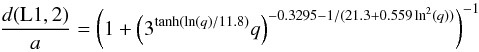 Mathematical equation: \appendix \setcounter{section}{3} \begin{equation} \label{l1fit9} \frac{d(\mathrm{L1},\mathrm{2})}{a} = \left( 1 + \left( 3^{\scriptstyle{\tanh(\ln(q)/11.8)}} q \right)^{\scriptstyle{-0.3295 - 1/(21.3 + 0.559 \ln^{2}(q))}} \right)^{-1} \end{equation}