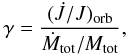Mathematical equation: \begin{equation} \gamma = \frac{(\dot{J}/J)_\mathrm{orb}}{\dot{M}_\mathrm{tot}/M_\mathrm{tot}}, \end{equation}