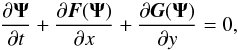 Mathematical equation: \begin{equation} \label{eq8} \frac{\partial {\vec \Psi}}{\partial t} + \frac{\partial {\vec F}({\vec \Psi)}}{\partial x} + \frac{\partial {\vec G}({\vec \Psi)}}{\partial y}= 0, \end{equation}