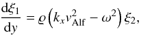 Mathematical equation: \begin{equation} \label{eq15} \frac{\mathrm{d}\xi_1}{\mathrm{d}y}=\varrho\left(k_x v_{\mathrm{Alf}}^2-\omega^2 \right)\xi_2, \end{equation}