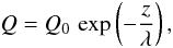 Mathematical equation: \begin{equation} \label{E:heating.density} Q = Q_{\rm{0}}\,\exp\left(-\frac{z}{\lambda}\right), \end{equation}
