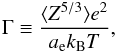 Mathematical equation: \begin{equation} \Gamma \equiv \frac{ \langle Z^{5/3} \rangle e^2}{a_{\rm e} k_{\rm B} T}, \label{gamma} \end{equation}