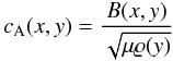 Mathematical equation: \begin{equation} c_{\rm A}(x,y) = \frac{B(x,y)}{\sqrt{\mu \varrho(y)}} \end{equation}