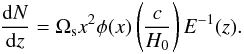 Mathematical equation: \begin{equation} \frac{{\rm d}N}{{\rm d}z}=\Omega_{\rm s} x^{2}\phi(x)\left(\frac{c}{H_{0}}\right) E^{-1}(z). \end{equation}