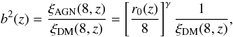 Mathematical equation: \begin{equation} \label{eq:biasdef} b^2(z)=\frac{\xi_{\rm AGN}(8,z)}{\xi_{\rm DM}(8,z)}=\left[\frac{r_{0}(z)}{8}\right]^{\gamma} \frac{1}{\xi_{\rm DM}(8,z)}, \end{equation}