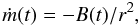 Mathematical equation: \begin{equation} \dot m(t) = - B(t)/r^2 , \label{eq.mdot} \end{equation}