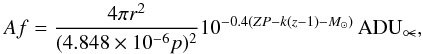 Mathematical equation: \begin{equation} Af = \frac{4 \pi r^2 }{(4.848\times10^{-6} p)^2} 10^{-0.4 (ZP -k(z-1)-M_{\sun} )} \, {\rm ADU}_\comet , \end{equation}