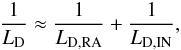 Mathematical equation: \begin{equation} \frac{1}{\ld} \approx \frac{1}{L_{\rm D, RA}} + \frac{1}{L_{\rm D, IN}}, \label{eq:ldgen} \end{equation}