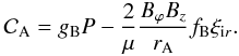 Mathematical equation: \begin{equation} \label{eq:conservation} \mathcal{C}_{\rm A} = \gb P - \frac{2}{\mu} \frac{B_\varphi B_z}{\ra} \fb \xi_{{\rm i}r}. \end{equation}