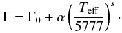 Mathematical equation: \begin{equation} \Gamma=\Gamma_0+\alpha \left(\frac{T_{\rm eff}}{5777}\right)^s\cdot \label{Eq1} \end{equation}