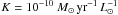 Mathematical equation: \hbox{$K= 10^{-10}~M_\odot\,{\rm yr}^{-1}\,L_\odot^{-1}$}
