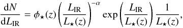 Mathematical equation: \begin{equation} \frac{{\rm d}N}{{\rm d}L_{\rm IR}} = \phi_\star(z) \left ( \frac{L_{\rm IR}}{L_\star(z)} \right )^{-\alpha} \textrm{exp} \left ( \frac{L_{\rm IR}}{L_\star(z)} \right ) \frac{1}{L_\star(z)}, \end{equation}