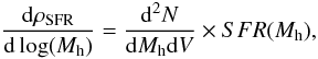 Mathematical equation: \begin{equation} \frac{{\rm d} \rho_{\rm SFR}}{{\rm d} \log(M_{\rm h})} = \frac{{\rm d}^2 N}{{\rm d} M_{\rm h} {\rm d} V} \times SFR(M_{\rm h}), \end{equation}