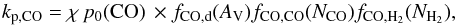 \begin{equation} k_{\rm p,{\rm CO}} = \chi\, p_0({\rm CO}) \, \times f_{{\rm CO},{\rm d}}(A_{\rm V}) f_{{\rm CO,CO}}(N_{{\rm CO}}) f_{{\rm CO},\Hr_2}(N_{\Hr_2}), \end{equation}