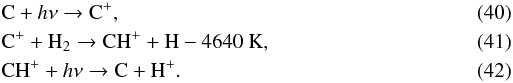 \begin{eqnarray} \label{e:re1a}&& \Cr + {h\nu} \rightarrow \Cr^+, \\ \label{e:re1b}&& \Cr^+ + \Hr_2 \rightarrow \Cr\Hr^+ + \Hr -4640\ \K, \\ \label{e:re1c} && \Cr\Hr^+ + {h\nu} \rightarrow \Cr + \Hr^+. \end{eqnarray}