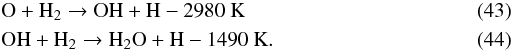 \begin{eqnarray} \label{e:re2a} && \Or + \Hr_2 \rightarrow \Or\Hr + \Hr -2980\ \K\\ \label{e:re2b} && \Or\Hr + \Hr_2 \rightarrow \Hr_2\Or + \Hr -1490\ \K. \end{eqnarray}