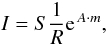 Mathematical equation: \begin{equation} \label{eq:calib} I = S \frac{1}{R} {\rm e}^{\,A \cdot m}, \end{equation}