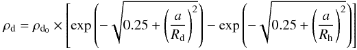 Mathematical equation: $$ \rho_{\rm d} = \rho_{\rm d_0} \times \left[\exp \left(-\sqrt{0.25+\left(\frac{a}{R_{\rm d}}\right)^2}\right)-\exp \left(-\sqrt{0.25+\left(\frac{a}{R_{\rm h}}\right)^2}\right)\right] $$