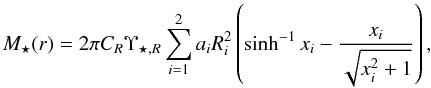 Mathematical equation: \begin{equation} \label{eq:starmass2} M_{\star}(r)=2\pi C_R\Upsilon_{\star,R}\sum_{i=1}^2 a_i R_i^2\left(\sinh^{-1}x_i-\frac{x_i}{\sqrt{x_i^2+1}}\right), \end{equation}