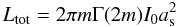 Mathematical equation: \begin{equation} \label{eq:total_sersic} L_{\mathrm{tot}}=2\pi m\Gamma(2m)I_0a_{\rm s}^2 \end{equation}