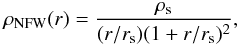 Mathematical equation: \begin{equation} \rho_{\mathrm{NFW}}(r)=\frac{\rho_{\rm s}}{(r/r_{\rm s})(1 + r/r_{\rm s})^2}, \end{equation}
