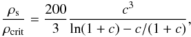 Mathematical equation: \begin{equation} \label{eq:nfw_concentration} \frac{\rho_{\rm s}}{\rho_{\mathrm{crit}}}=\frac{200}{3}\frac{c^3}{\ln(1+c)-c/(1+c)}, \end{equation}