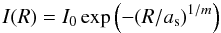 Mathematical equation: \begin{equation} \label{eq:sersic} I(R)=I_0\exp\left(-(R/a_{\rm s})^{1/m}\right) \end{equation}