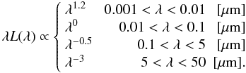 \begin{equation} \label{eqn:source} \lambda L(\lambda)\propto\left\{ \begin{array}{lrrr} \lambda^{1.2} & \; 0.001 < \lambda < 0.01 & [\mu \rm m]\\ \lambda^{0} & \; 0.01 < \lambda < 0.1 & [\mu \rm m]\\ \lambda^{-0.5} & \; 0.1 < \lambda < 5 & [\mu \rm m]\\ \lambda^{-3} & \; 5 < \lambda < 50 & [\mu \rm m]. \end{array} \right. \end{equation}