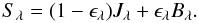 Mathematical equation: \begin{equation} S_{\lambda}=(1-\epsilon_{\lambda})J_{\lambda}+\epsilon_{\lambda}B_{\lambda}. \end{equation}