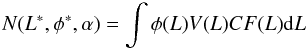 Mathematical equation: \begin{equation} N(L^*,\phi^*,\alpha)=\int \phi(L)V(L)CF(L)\mathrm{d}L \label{eq:number_counts} \end{equation}