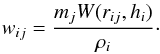 \appendix \setcounter{section}{1} \begin{equation} w_{ij} = \frac{m_j W(r_{ij},h_i)}{\rho_i}\cdot \end{equation}