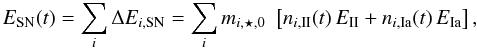 \begin{equation} E_{\rm{SN}}(t) = \sum_i \Delta E_{i,\rm{SN}} = \sum_i m_{i,\star,0}\,\,\left[ n_{i,\rm{II}}(t)\,E_{\rm{II}} + n_{i,\rm{Ia}}(t)\,E_{\rm{Ia}} \right], \end{equation}
