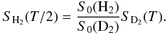Mathematical equation: \begin{equation} \label{eqn:renorm} S_{\rm {H_2}}(T/2)=\frac{S_0(\rm {H_2})}{S_0(\rm {D_2})}S_{\rm {D_2}}(T). \end{equation}